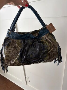 Francesca's Collections Teal & Olive Snake-Print Fringe Hobo Bag